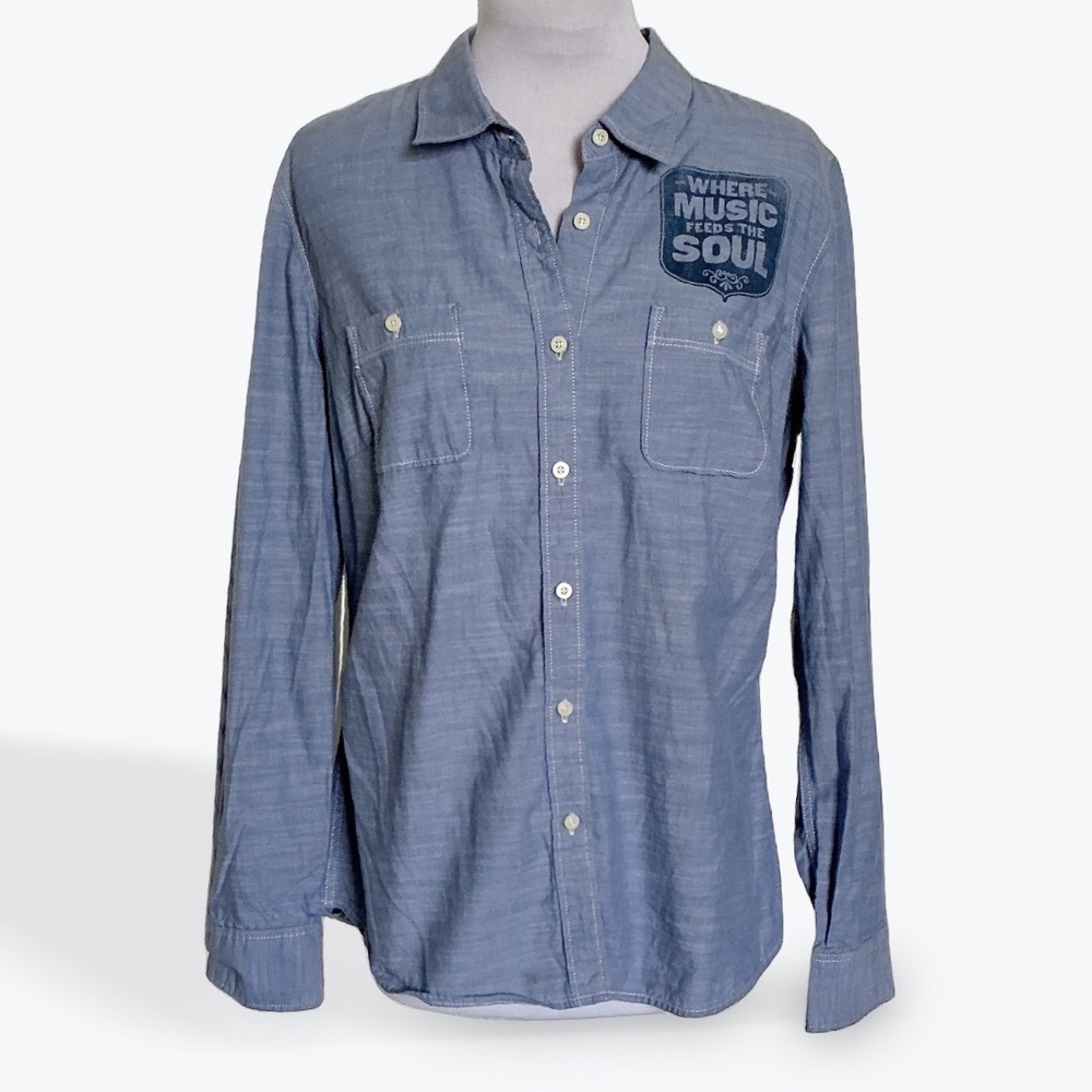 House of Blues Womens Medium Blue Cotton Slub Chambray Graphic Button Down Shirt